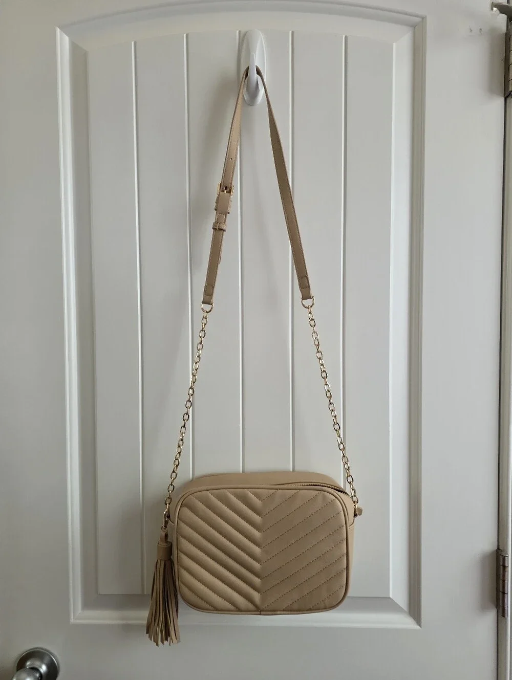Beige Quilted Crossbody Bag with Gold Chain Strap